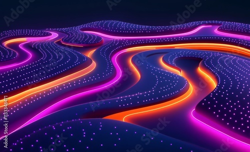 The flow of cyberdata. Blockchain data fields. Cyberspace. The digital generation, electronic field, processed data waves, and big data analytics. 3D illustration of music waves. photo