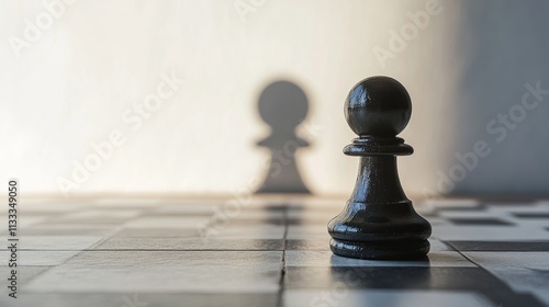 A black chess pawn on a checkered board casts a shadow shaped like a king. A metaphorical image representing ambition, transformation, and growth in a minimalistic setting.. AI Generation. AI