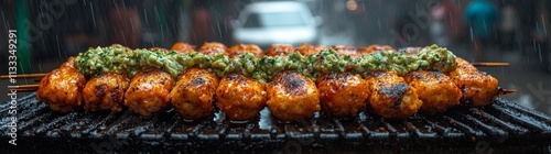 Vada pav, a beloved street food in India, consists of a deep-fried potato dumpling placed inside a bread bun, typically garnished with spicy green chutney and accompanied by fries. photo