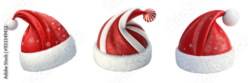 3D Rendered Santa Hats  Red and White Festive Collection, Isolated on White Background,Christmas, Santa Hat, Holiday photo