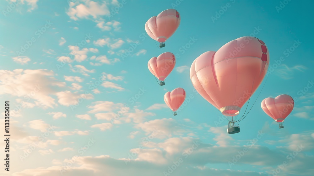Obraz premium Romantic Pink Heart Shaped Hot Air Balloons Soaring in a Cloudy Sky