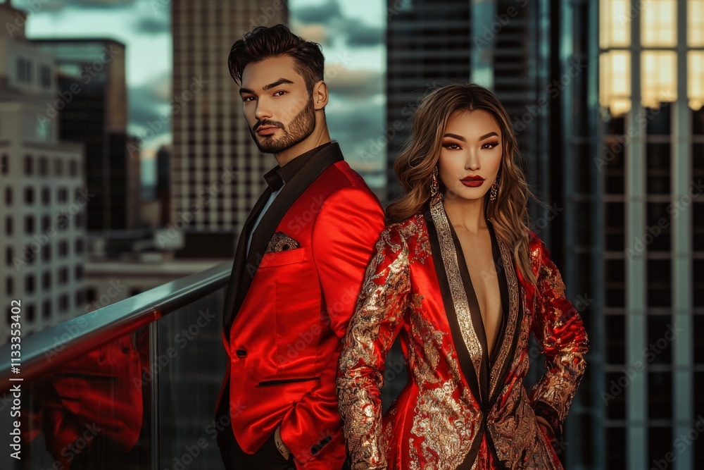Obraz premium Stylish couple in modern Chinese New Year attire, red and gold elements with sleek tailoring, standing in front of an urban skyline, waist-up focus, Chinese New Year theme.