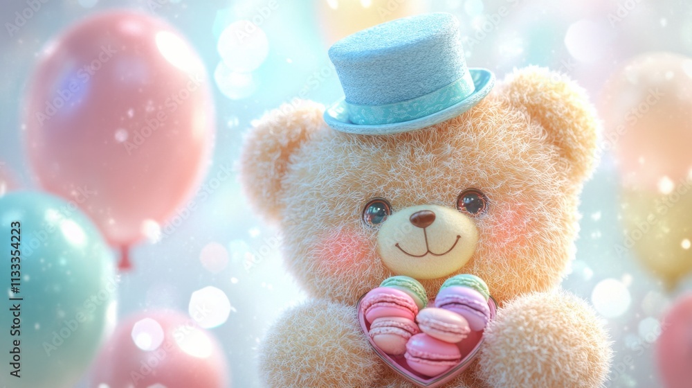 Fototapeta premium Teddy bear with top hat holding macarons whimsical composition