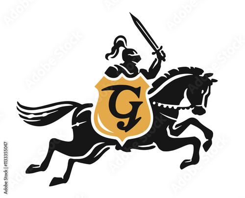 Knight in armor with shield and sword on horseback. Brand logo company. Safety, security emblem symbol