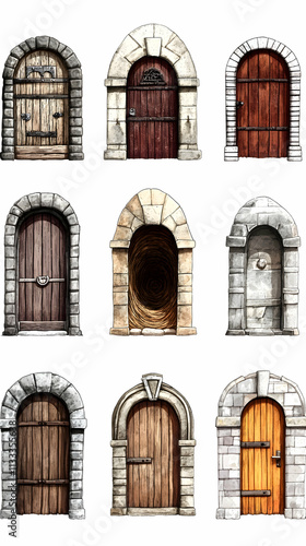 Nine arched stone door designs; various wood types and colors. photo