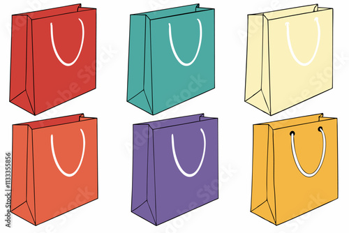 Set of same sized shopping bags in different colours, paper bags concept