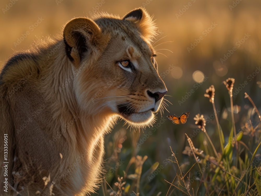Naklejka premium Lioness and Monarch Butterfly Sharing a Serene Golden Hour Moment