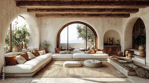 Mediterranean living room with sunkissed terracotta tiles wooden beams rustic furniture and arched windows letting in natural light adorned with olive green accents photo