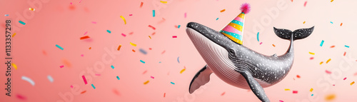 whimsical whale wearing colorful party hat celebrates joyfully amidst vibrant confetti