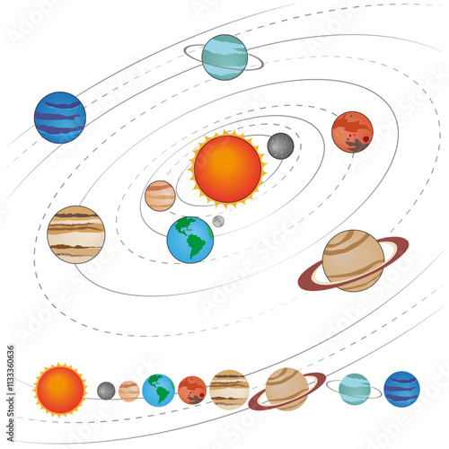 Solar system drawing. Planets Mercury, Venus, Earth, Mars, Jupiter, Saturn, Uranus, and Neptune. Sun and planets image on a white background.