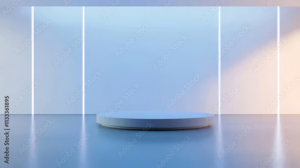 Minimalist round platform in a brightly lit room. Minimalist round platform in a brightly lit room.