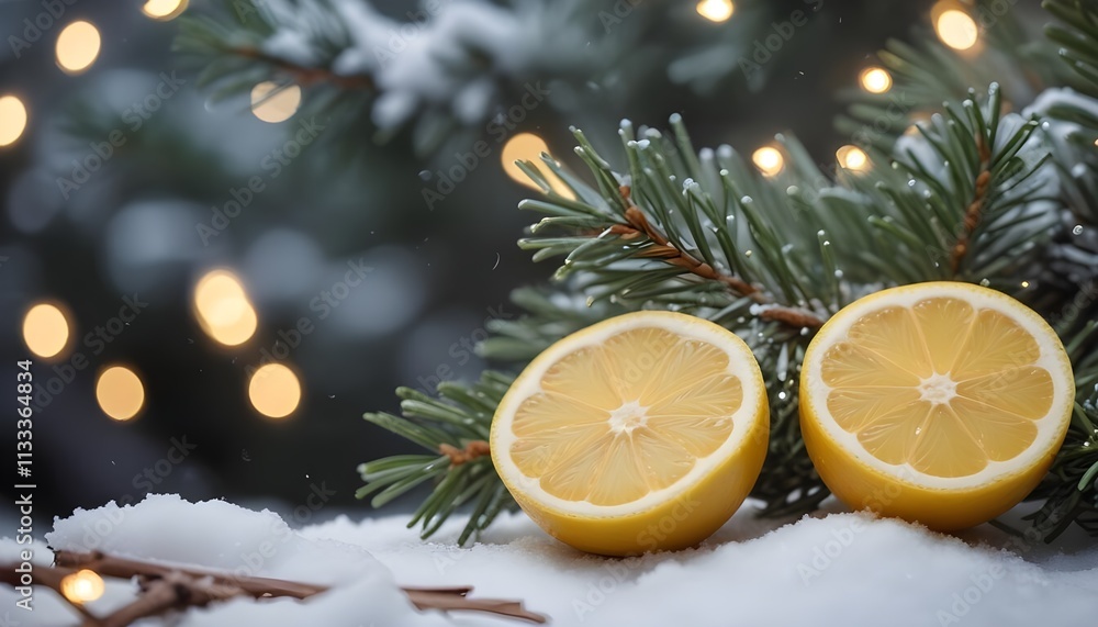 Sliced lemons on a snowy pine branch with Christmas lights in the background Sliced lemons on a snowy pine branch with Christmas lights in the background
