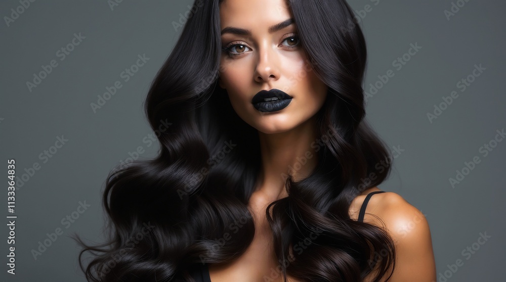 Fototapeta premium A stylish woman with black lipstick and flowing black hair poses confidently in a studio setting. The background is neutral, emphasizing her striking features and bold fashion choice.
