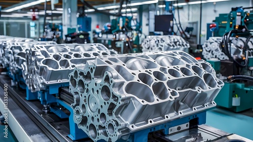 Row of engine blocks on a conveyor in a factory, manufacturing process and industrial production line