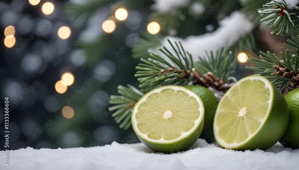Sliced limes on a snowy pine branch with Christmas lights in the background Sliced limes on a snowy pine branch with Christmas lights in the background