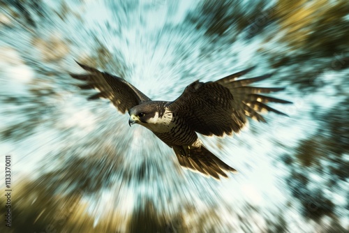 A peregrine falcon in dynamic flight, wings outstretched, blurred background emphasizing speed and freedom. photo