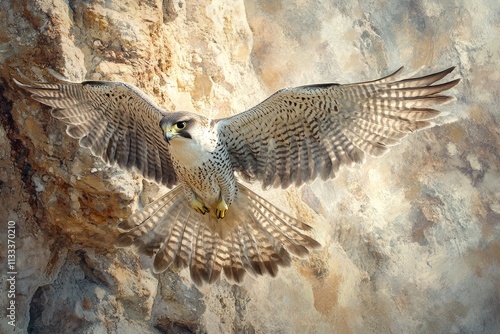 A majestic peregrine falcon in flight, wings spread wide against a rugged rock face. photo