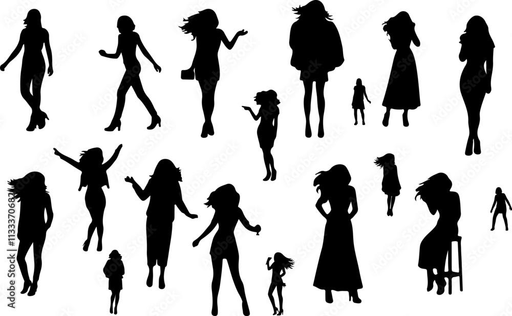 Obraz premium girls silhouette, female silhouette, vector girl, woman silhouette, black girl, girl vector art, female figure, girl design, female icon, standing girl, dancing girl, playful girl, outdoor girl, girl 