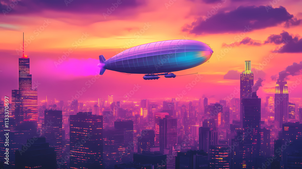 Naklejka premium A colorful zeppelin gliding over a vibrant city skyline at sunset. Zeppelin. Illustration