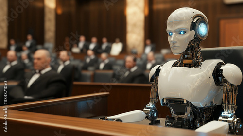 Wallpaper Mural A futuristic courtroom scene featuring a humanoid robot as a witness or participant. Torontodigital.ca