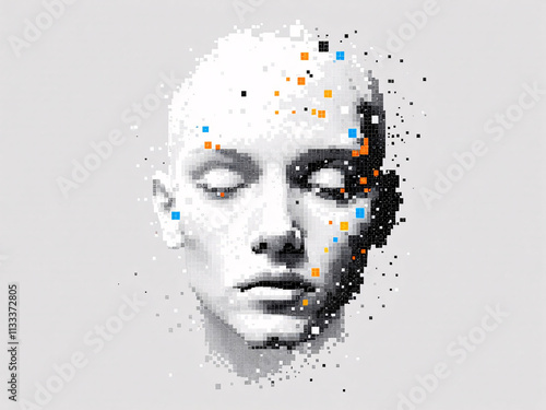 Pixelated, Head, Face, Artificial Intelligence, Technology, Futuristic, 3D Model, Disintegrating, Dissolving, Cubes, Blocks, Grid, Blue, White, Light, Shadow, Modern, Innovative, Abstract, Ge