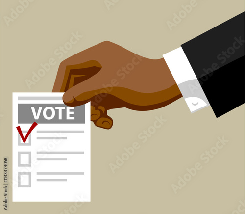 A man's hand holding a voting ballot. Vector illustration in flat style