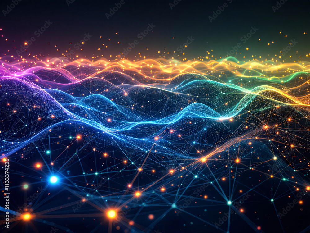 Obraz premium Network, Connections, Glowing, Dots, Lines, Nodes, Digital, Technology, Futuristic, Web, Internet, Data, Information, Cyberspace, Abstract, Background, Neon, Bright, Dark, Contrast, Modern, Innovative