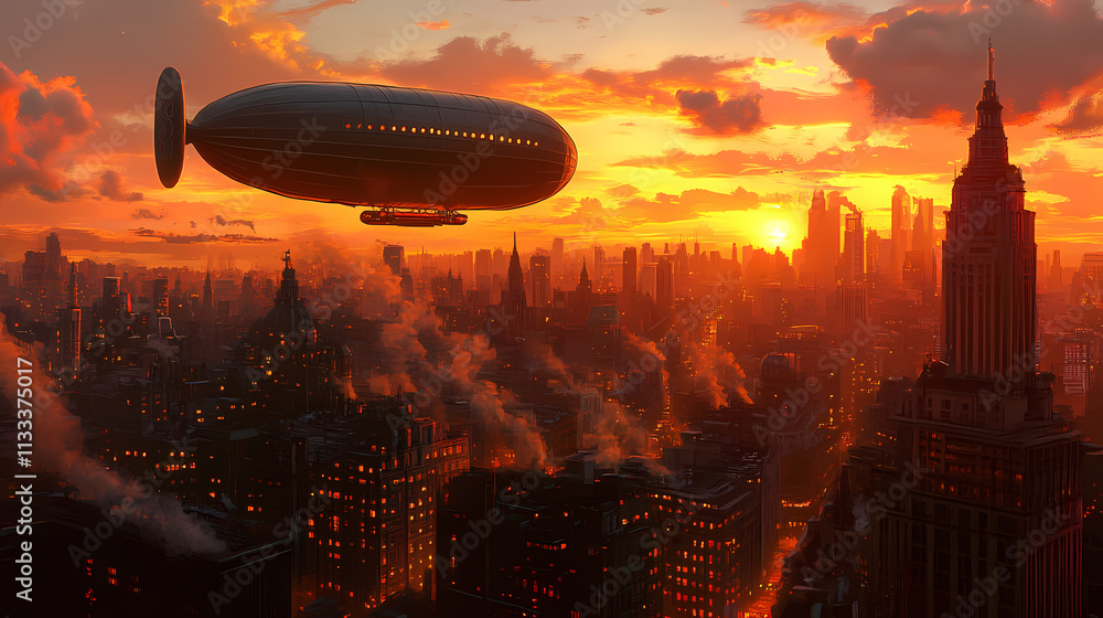 Naklejka premium A zeppelin glides over a vibrant cityscape at sunset. Zeppelin. Illustration
