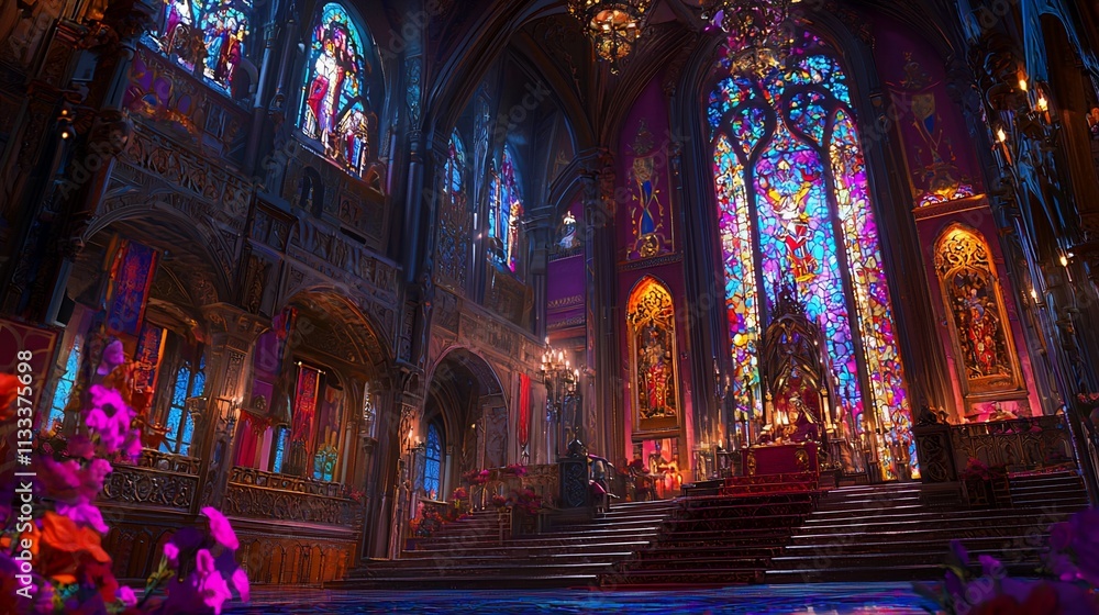 Obraz premium Majestic cathedral interior with vibrant stained glass windows, throne, and ornate architecture.