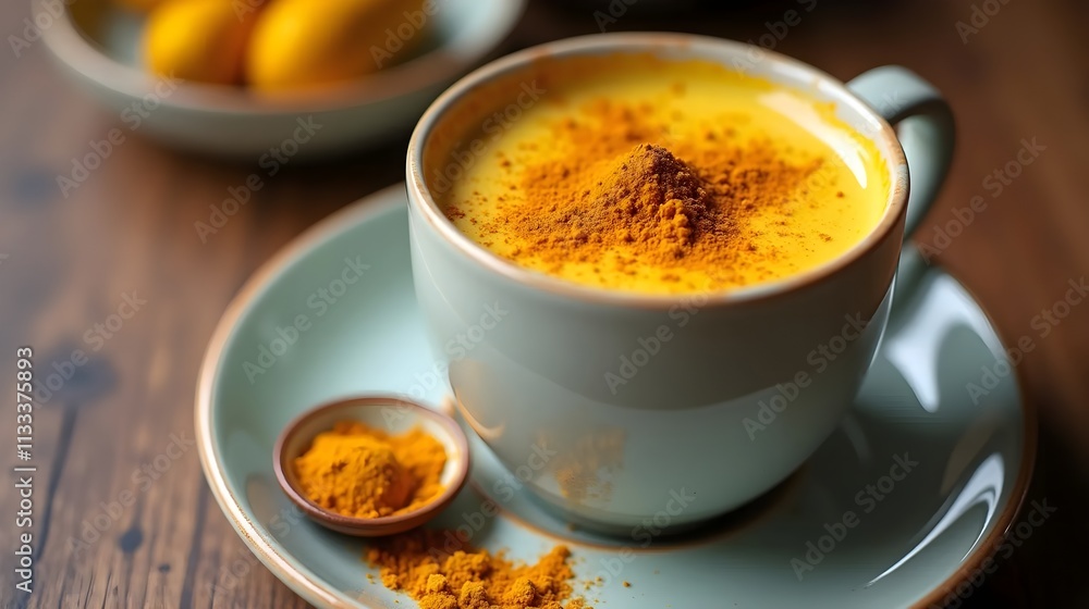 Ceramic mug with turmeric latte on saucer with small dish of spices, photorealistic food