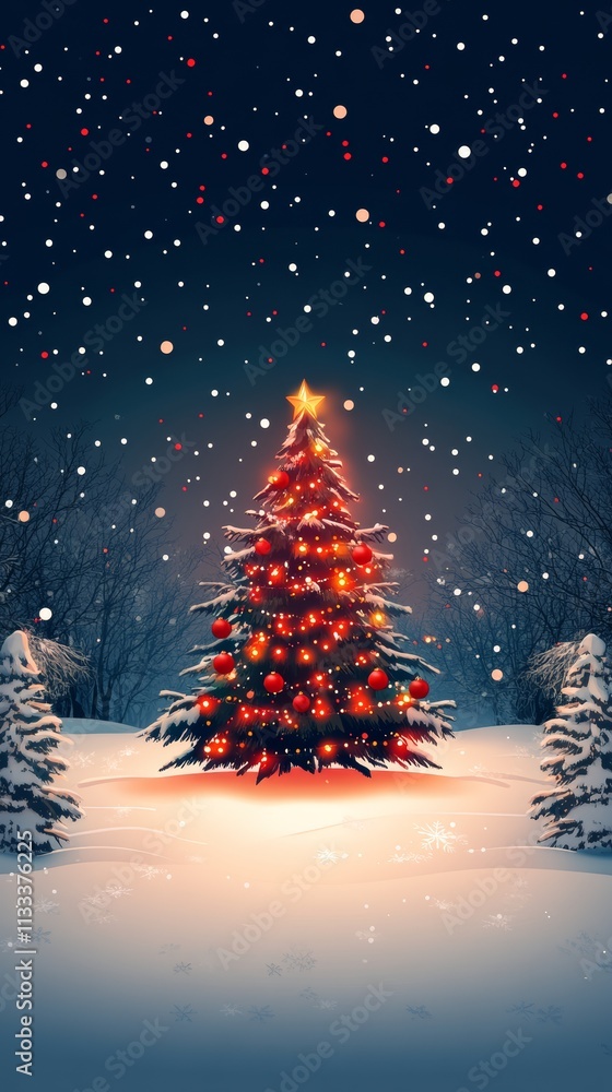 Obraz premium Christmas Tree in Snowy Winter Night Landscape.