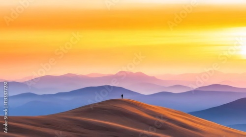 Solitary figure on a hilltop at vibrant sunrise over layered mountains.