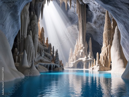 Majestic Underground Cave with Stunning Stalactites and Stalagmites Illuminated by Soft Natural Light in Tranquil Blue Pool Water photo