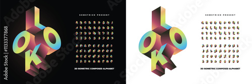 Look: A perfect blend of minimalism and boldness for modern branding projects. Isometric display font with a vibrant, multicolored design. Available in white and black background. Vector illustration