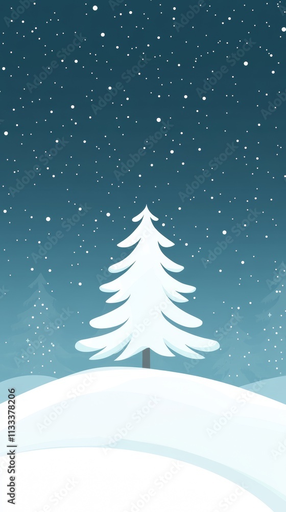 Fototapeta premium Snowy Winter Night Landscape with a Single Pine Tree.