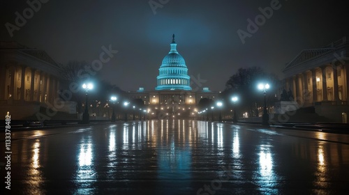 Majestic Capitol illuminated under a night sky reflecting on a rain-soaked plaza in Washington D.C