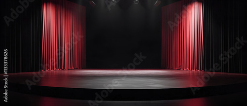 empty interior: dark, burgundy curtains & empty round stage floor lightened gently; concept of theatre, festive event, interesting product premiere, awards winner