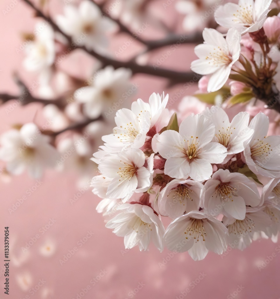 Obraz premium Close-up of white cherry blossoms against soft pink backdrop, vibrant, Sakura