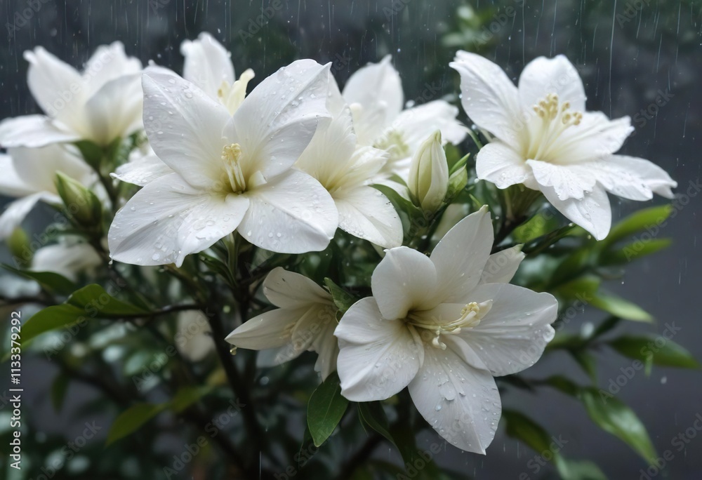 Close-up of white gardenia flowers blooming under the rain, blooms, fresh Close-up of white gardenia flowers blooming under the rain, blooms, fresh
