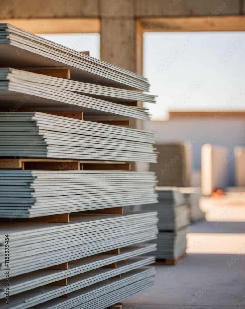 Fototapeta premium Construction site overview featuring stacked drywall sheets symbolizing building progress