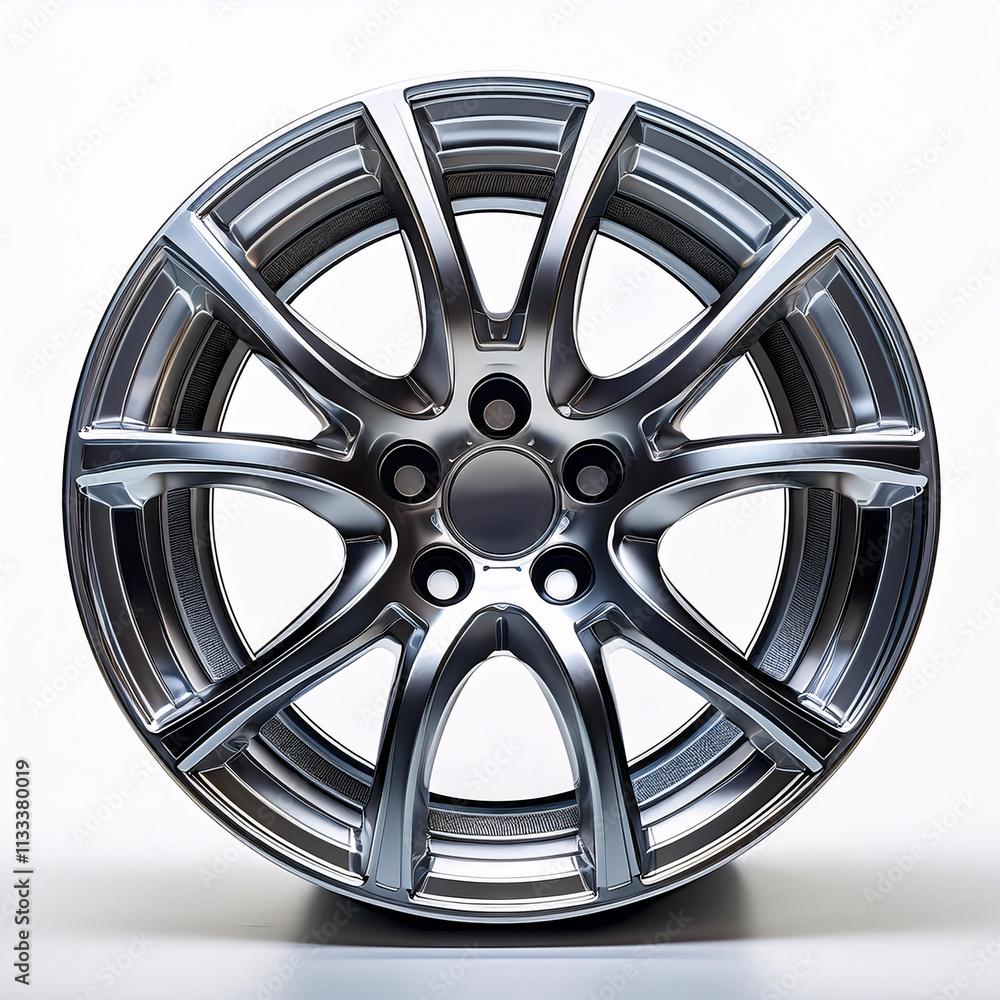 Obraz premium A gleaming chrome alloy wheel with a multi-spoke design, reflecting light on a white background