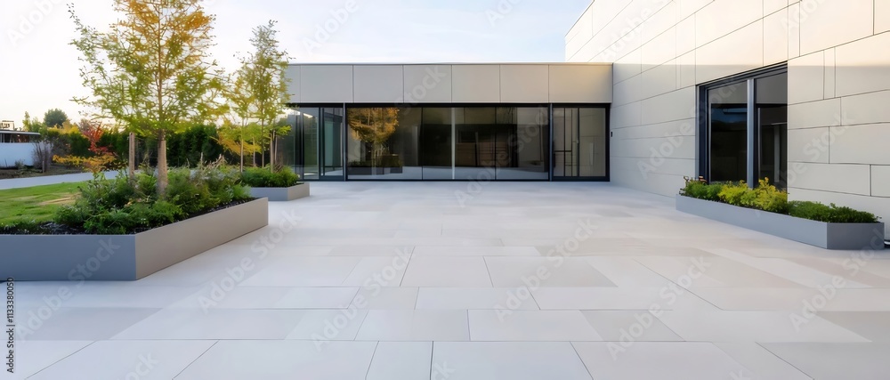 Modern building exterior with paved patio, plants, and large windows.
