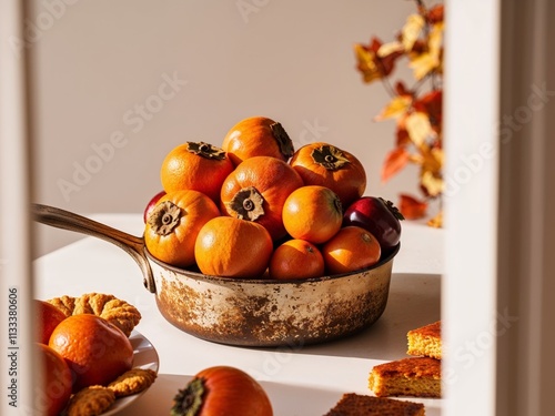 Strongly colored foods in a sweet pan in fall photo