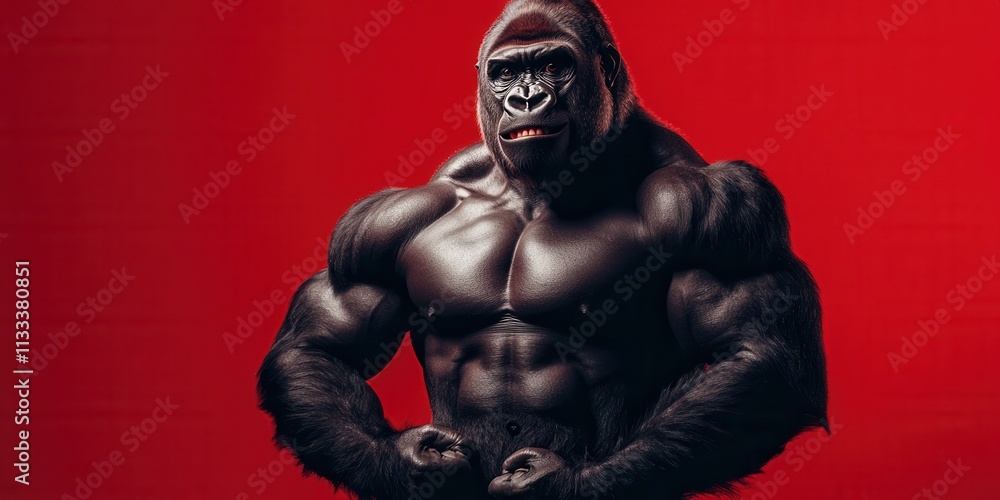 Fototapeta premium Imposing gorilla flexing muscles against a vivid red background showcasing strength and power in a striking display of animal physique