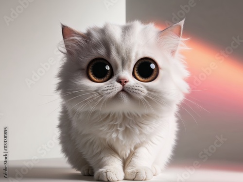 cute little white furry cat with dilated pupils looking at the camera