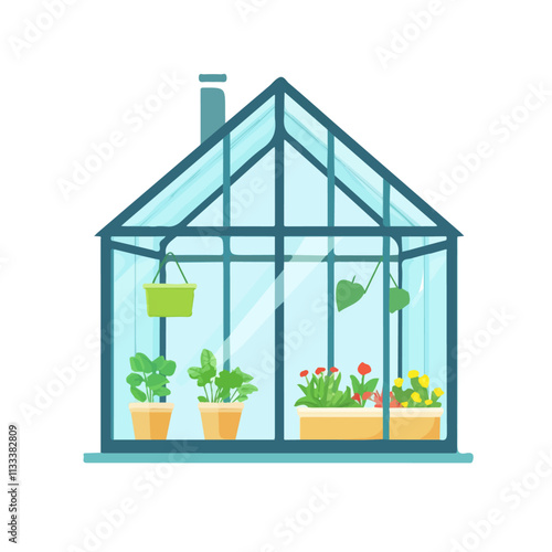 Minimalist flat illustration of a greenhouse, featuring a clean design isolated on a white background.

