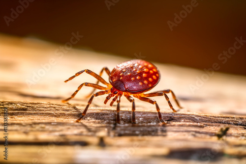 Tick captured in macro photography resting on a clean surface in close detail. photo