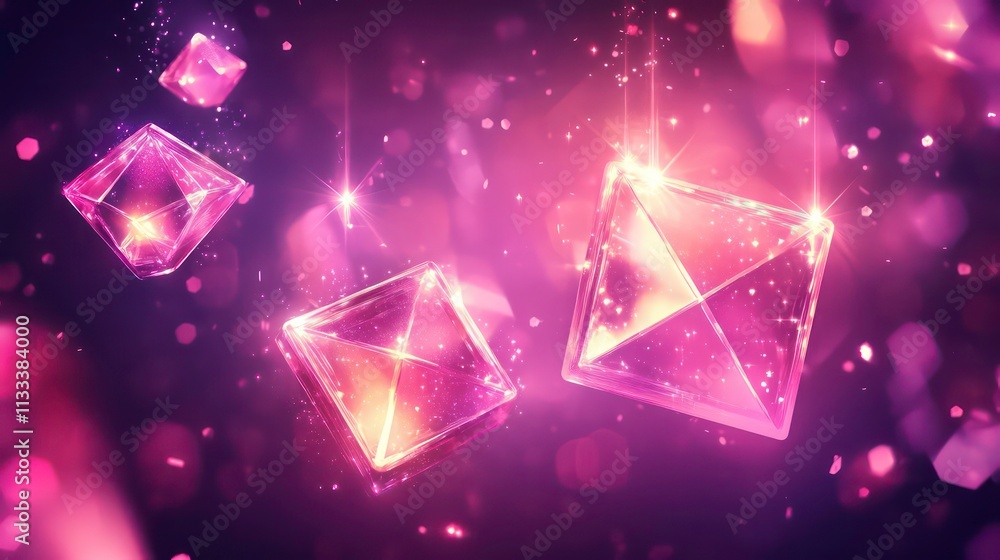 Fototapeta premium Glowing pink crystals float in a dark, bokeh-filled background.