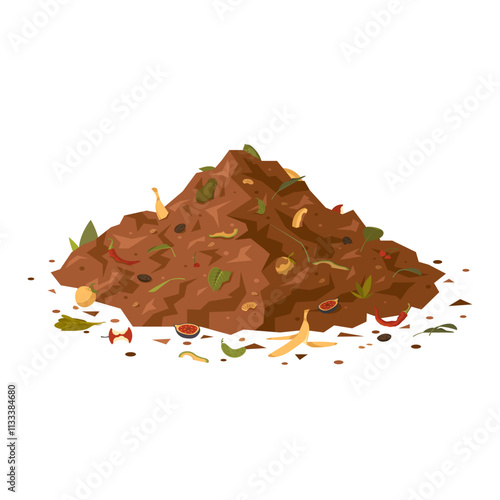 Organic waste pile for compost. Soil heap with fruit and vegetable household trash in flat style. Clipart for environmental designs. Vector illustration isolated on a white background.