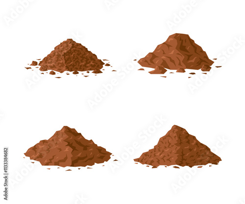 Dirt piles. Set of brown geometric soil heaps in flat style. Vector illustration isolated on a white background. Ground clipart for construction, agricultural, environmental designs.